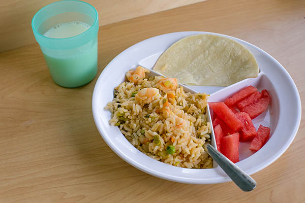 Plate of Spanish rice with shrimp